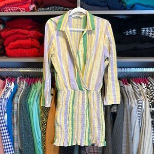 Zara green/yellow/lavender striped long sleeve smocked v neck dress size S